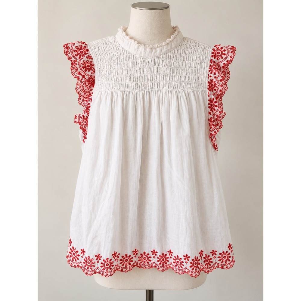 Crown & Ivy White Red Embroidered Smocked Flutter Sleeve Eyelet Top XL